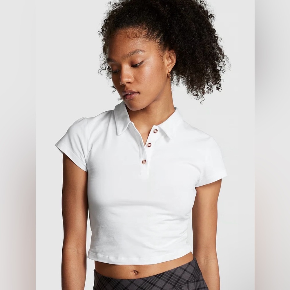 Victoria's Secret PINK Short Sleeve Cotton Polo Crop Top White Size XXL